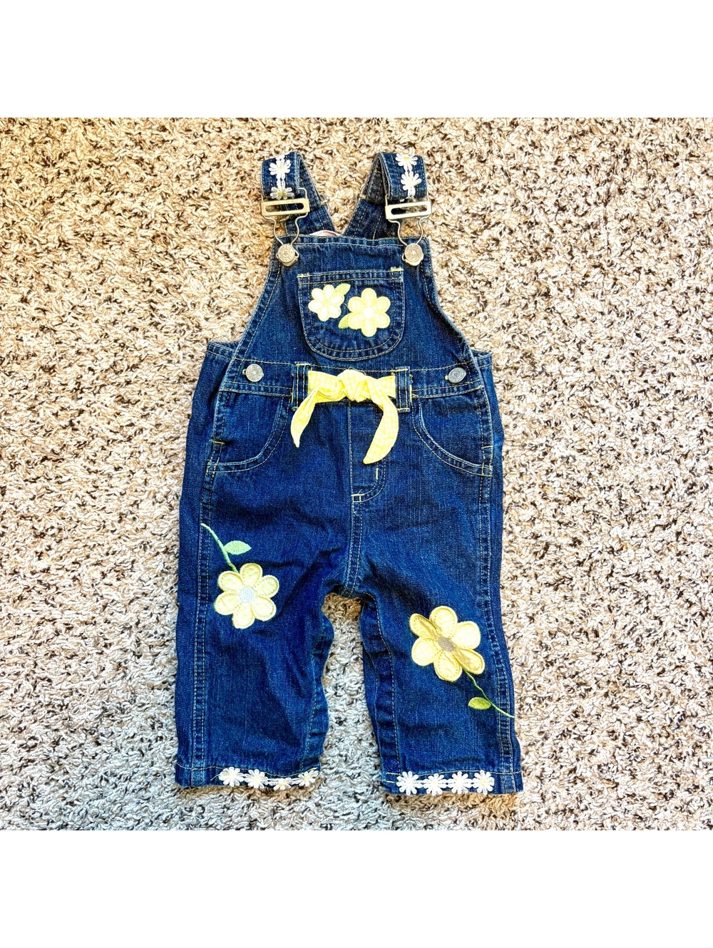 Vintage Baby Girl Denim Overalls 6-9M, Floral Embroidered Daisy, Cottagecore
